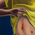 Detail of man showing his wound in a painting by Alan Stanners