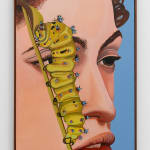 Yellow caterpillar crawls by person's face in a painting by Alan Stanners