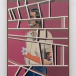 Man with prosthetic arm holding a flower in a painting by Alan Stanners