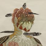 Detail of human head with roots and mushrooms in a print by Alexi Marshall