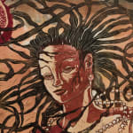 Detail of woman face with stringy hair and pomegranate in work by Alexi Marshall