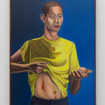 Man with yellow shirt shows his wound in a painting by Alan Stanners