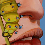 Detail of caterpillar and human face in a painting by Alan Stanners