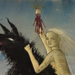 A wolf and woman holding mangroves in print by Alexi Marshall