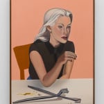 Woman at a table with pink background in a painting by Alan Stanners