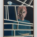 Woman standing behind intricate shelving in a painting by Alan Stanners