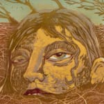 Face sinking in mud in a print by Alexi Marshall