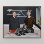 Two men and a grey cat on a kitchen counter in a painting by Alan Stanners