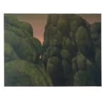 Painting titled “First Flora” (2023) by Silvia Giordani. The artwork features a dense arrangement of mossy green, organic forms resembling a surreal forest or mountain terrain, set against a soft gradient sky transitioning from warm pink to deep gray. Acrylic and oil on canvas. © Buysse Gallery.