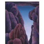 Painting titled “The Purple Cloud” (2024) by Silvia Giordani. The artwork features organic rock formations in deep purples and blues, rising against a gradient sky that transitions from soft lavender to blue. Acrylic and oil on canvas. © Buysse Gallery.