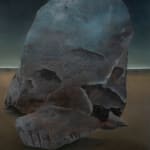 Painting titled “The Circular Ruins” (2023) by Silvia Giordani. The artwork features a monumental rock formation with textured surfaces, set against a soft, atmospheric gradient background. The composition evokes themes of timelessness and transformation. Acrylic and oil on canvas. © Buysse Gallery.