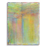 Abstract painting by Rema Ghuloum with soft gradations of yellow, green, and violet, forming a luminous vertical field.