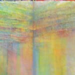 Abstract painting by Rema Ghuloum with soft gradations of yellow, green, and violet, forming a luminous vertical field.