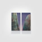 Painting titled “Interlude (Diptych)” (2024) by Silvia Giordani. The diptych features two vertical panels with textured, abstract green and teal rock formations against a soft gradient sky transitioning from lavender to purple. Acrylic and oil on canvas. © Buysse Gallery.