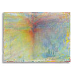 Abstract painting by Rema Ghuloum in soft layers of yellow, blue, and violet, radiating from a central luminous axis.