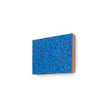 Abstract painting by Cyrielle Gulacsy titled ‘Untitled, 2024,’ featuring a dense overlay of blue and red dots on a 14 x 18 cm wooden panel, illustrating the artist’s pointillist technique.