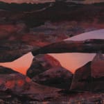 Painting titled “Callisto” (2024) by Silvia Giordani. The artwork features fragmented geological forms in muted tones of red, brown, and purple, set against a softly illuminated background, evoking a surreal and timeless landscape. Acrylic and oil on canvas. © Buysse Gallery.
