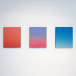 Acrylic painting D012, 2025 by Cyrielle Gulacsy, showing a densely layered red-orange pointillist surface on wood.