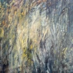 Abstract oil painting by Nils Verkaeren titled Locked by Water I (2023), featuring layered impasto brushwork in tones of blue, green, and pale yellow.