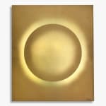 Rectangular aluminium wall sculpture by Damien Bénéteau with a central glowing circular gradient in golden tones, titled Relief 01, 2025.