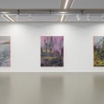 Oil painting by Nils Verkaeren, Sinking Before The Curve (2025). Pale grey and rose tones blend into a horizon-like abstraction, suggesting reflection, gravity, and light merging on water.