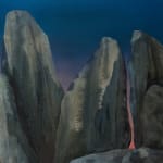 Painting titled “The Ancient Sleep” (2021) by Silvia Giordani. The artwork depicts towering, textured stone formations in muted greens and grays, set against a gradient sky transitioning from deep blue to soft pink. A glowing gap between the rocks suggests a warm light beyond. Acrylic and oil on canvas. © Buysse Gallery.