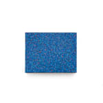 Abstract painting by Cyrielle Gulacsy titled ‘Untitled, 2024,’ featuring a dense overlay of blue and red dots on a 14 x 18 cm wooden panel, illustrating the artist’s pointillist technique.