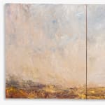 Triptych painting by Nils Verkaeren, The Missing River (2025). Large horizontal oil on canvas in muted greys, ochres, and violets, evoking a vast horizon and withheld presence of the Scheldt.