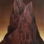 Painting titled “The Kiss of Venus” (2022) by Silvia Giordani. The artwork depicts two towering red rock formations with soft, textured surfaces, set against a warm gradient background transitioning from gold to deep brown. Acrylic and oil on canvas. © Buysse Gallery.