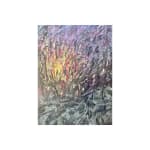 Abstract oil painting by Nils Verkaeren depicting a desert landscape at sunset, with textured strokes in violet, yellow, and grey. Painted en plein air in southern Spain. From the Locked by Water series.