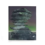 Painting titled “Moondust” (2023) by Silvia Giordani. The artwork depicts an abstract, stacked formation resembling a rocky monolith covered in shimmering textures, set against a gradient background transitioning from dark purple to vibrant green. Acrylic and oil on canvas. © Buysse Gallery.