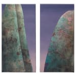 Painting titled “Interlude (Diptych)” (2024) by Silvia Giordani. The diptych features two vertical panels with textured, abstract green and teal rock formations against a soft gradient sky transitioning from lavender to purple. Acrylic and oil on canvas. © Buysse Gallery.