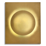 Rectangular aluminium wall sculpture by Damien Bénéteau with a central glowing circular gradient in golden tones, titled Relief 01, 2025.
