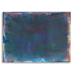 Abstract painting by Rema Ghuloum showing deep layered hues of violet, green, and blue, with traces of vivid colour along the edges.