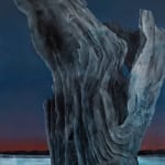 Painting titled “Driftwood” (2022) by Silvia Giordani. The artwork features a monumental piece of driftwood with intricate textures, set against a gradient sky transitioning from deep blue to red, and surrounded by an icy foreground. Acrylic and oil on canvas. © Buysse Gallery.