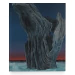 Painting titled “Driftwood” (2022) by Silvia Giordani. The artwork features a monumental piece of driftwood with intricate textures, set against a gradient sky transitioning from deep blue to red, and surrounded by an icy foreground. Acrylic and oil on canvas. © Buysse Gallery.