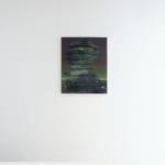 Painting titled “Moondust” (2023) by Silvia Giordani. The artwork depicts an abstract, stacked formation resembling a rocky monolith covered in shimmering textures, set against a gradient background transitioning from dark purple to vibrant green. Acrylic and oil on canvas. © Buysse Gallery.