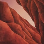 Painting titled “Titan Dunes” (2024) by Silvia Giordani. The artwork depicts an abstract desertscape with undulating dunes in rich red and earthy tones, evoking a sense of timelessness and stillness. Acrylic and oil on canvas. © Buysse Gallery.