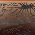 Painting titled “Spiderland” (2023) by Silvia Giordani. The artwork depicts a network of organic forms resembling roots or geological patterns in earthy tones, creating a textured and immersive abstract landscape. Acrylic and oil on canvas. © Buysse Gallery.