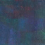 Abstract painting by Rema Ghuloum showing deep layered hues of violet, green, and blue, with traces of vivid colour along the edges.