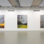 A Day not yet Ended (2025), oil on canvas by Nils Verkaeren. Abstract plein air composition with swirling greys, soft pinks, ochre and vibrant greens. Textured and layered surface from the Blooming Desert series.