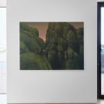 Painting titled “First Flora” (2023) by Silvia Giordani. The artwork features a dense arrangement of mossy green, organic forms resembling a surreal forest or mountain terrain, set against a soft gradient sky transitioning from warm pink to deep gray. Acrylic and oil on canvas. © Buysse Gallery.