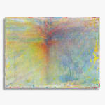 Abstract painting by Rema Ghuloum in soft layers of yellow, blue, and violet, radiating from a central luminous axis.