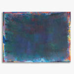 Abstract painting by Rema Ghuloum showing deep layered hues of violet, green, and blue, with traces of vivid colour along the edges.