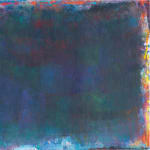 Abstract painting by Rema Ghuloum showing deep layered hues of violet, green, and blue, with traces of vivid colour along the edges.