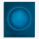 Anodised aluminium wall sculpture by Damien Bénéteau with a vibrant blue circular gradient creating a spatial illusion, titled Relief 02, 2025.