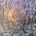 Abstract oil painting by Nils Verkaeren depicting a desert landscape at sunset, with textured strokes in violet, yellow, and grey. Painted en plein air in southern Spain. From the Locked by Water series.