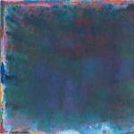 Abstract painting by Rema Ghuloum showing deep layered hues of violet, green, and blue, with traces of vivid colour along the edges.