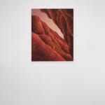 Painting titled “Titan Dunes” (2024) by Silvia Giordani. The artwork depicts an abstract desertscape with undulating dunes in rich red and earthy tones, evoking a sense of timelessness and stillness. Acrylic and oil on canvas. © Buysse Gallery.
