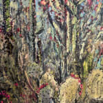 Thickly textured abstract painting of desert vegetation by Nils Verkaeren, with cacti and dry flora in earthy greens, reds, and dusky blues. Painted in southern Spain during a plein air residency. From the Locked by Water series.